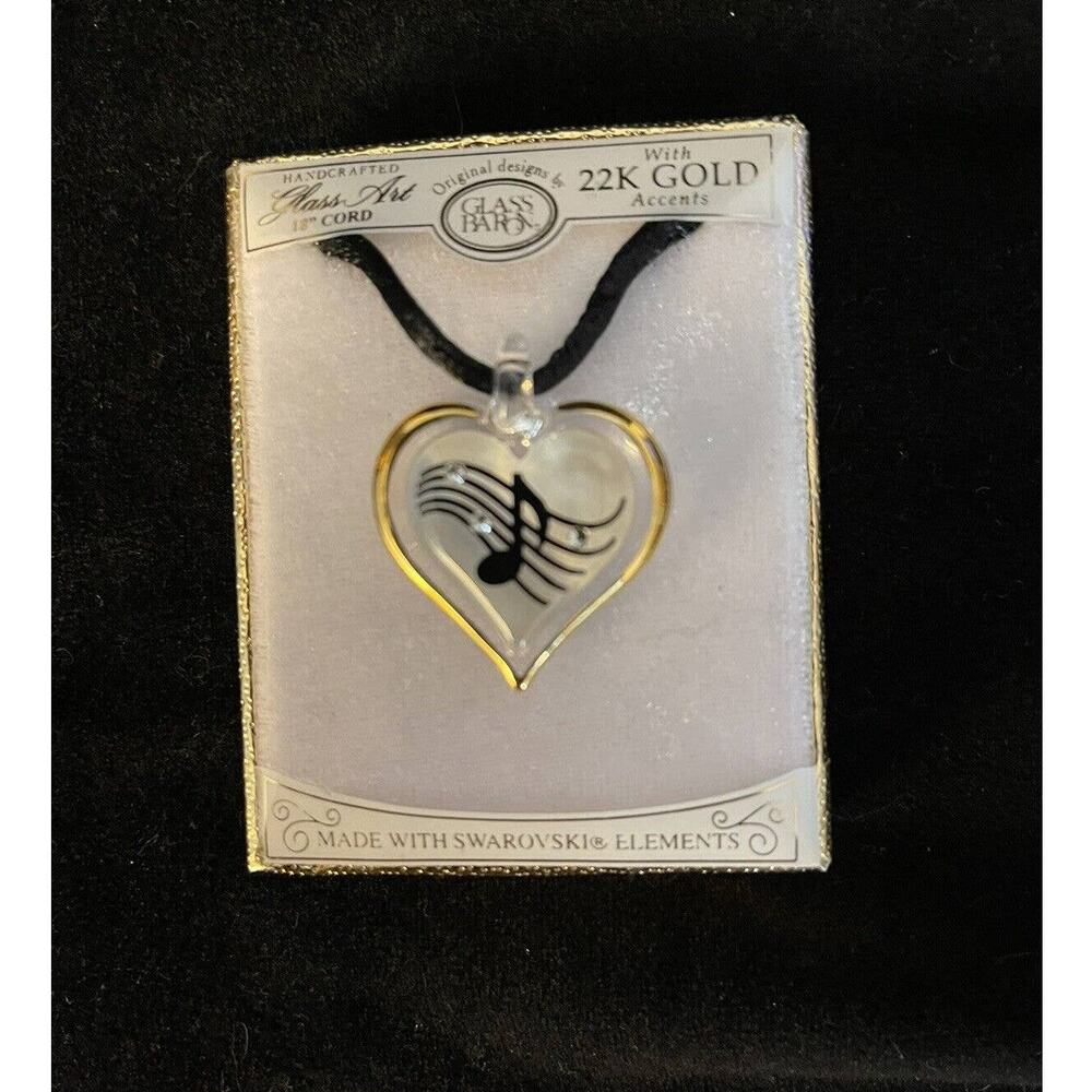 Glass Baron Music Note Staff Heart Necklace Swarovski Crystals 22K Gold Accents